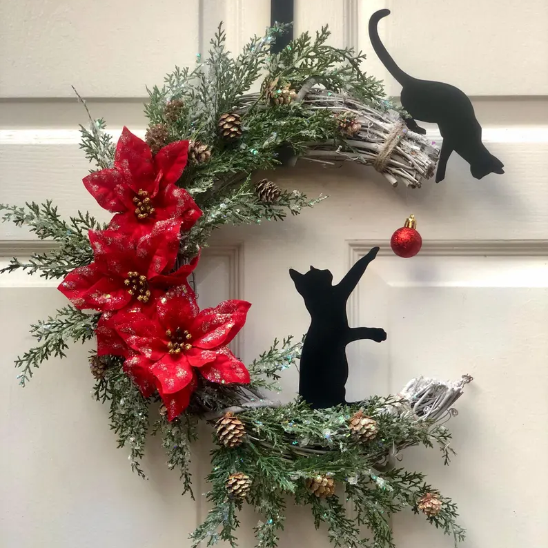 Black Cat Moon Wreath with Light Home Decor Christmas Wreath