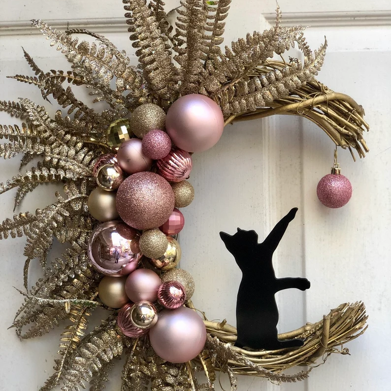 Black Cat Moon Wreath with Light Home Decor Christmas Wreath