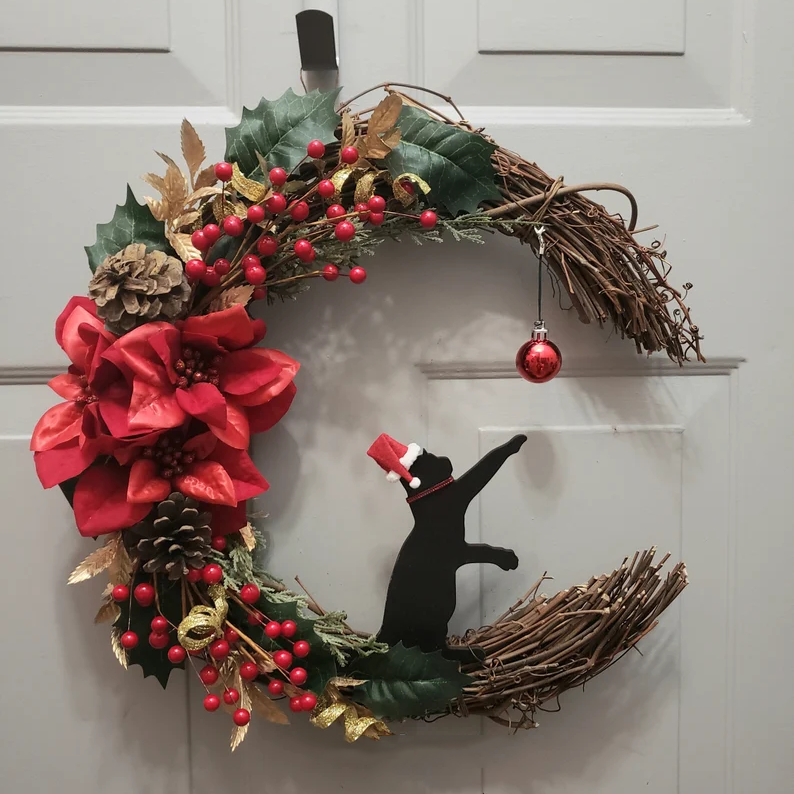 Black Cat Moon Wreath with Light Home Decor Christmas Wreath