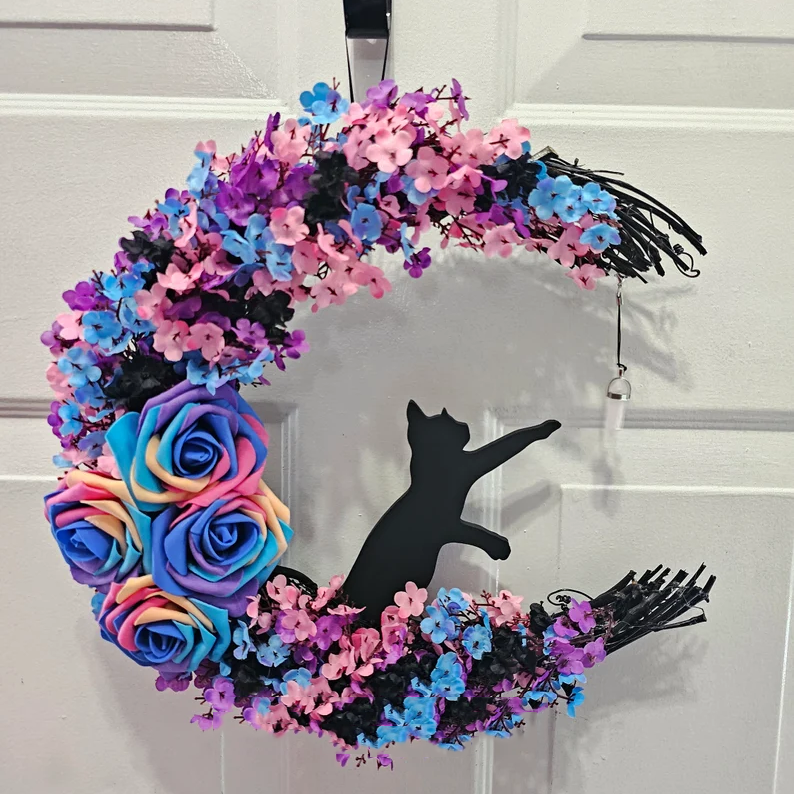 Black Cat Moon Wreath with Light Home Decor Christmas Wreath