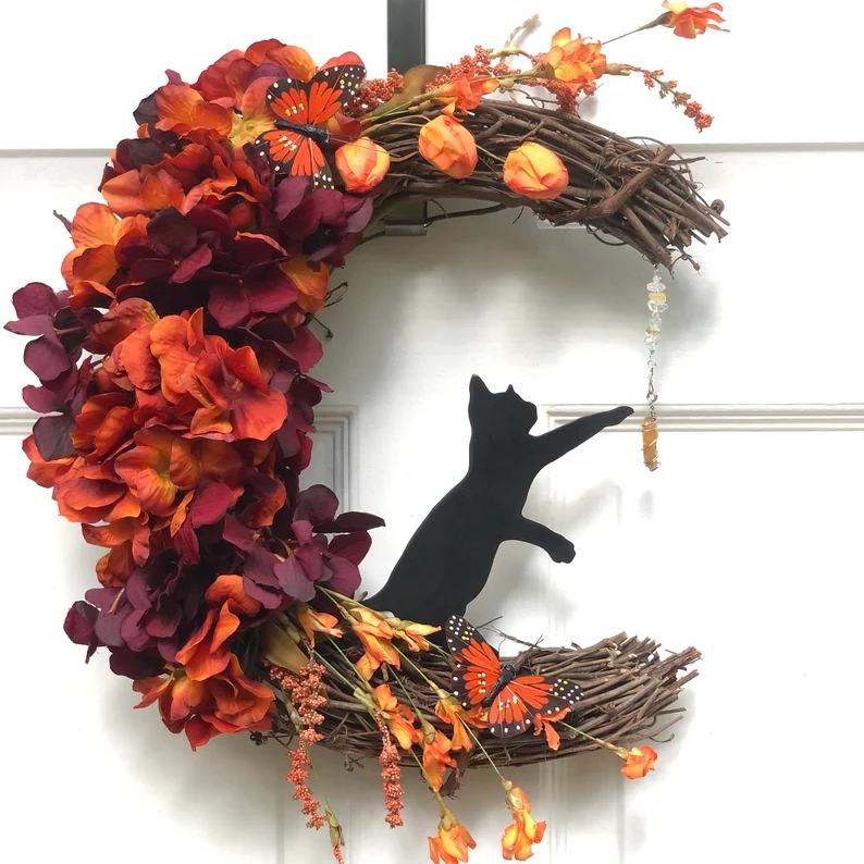 Black Cat Moon Wreath with Light Home Decor Christmas Wreath