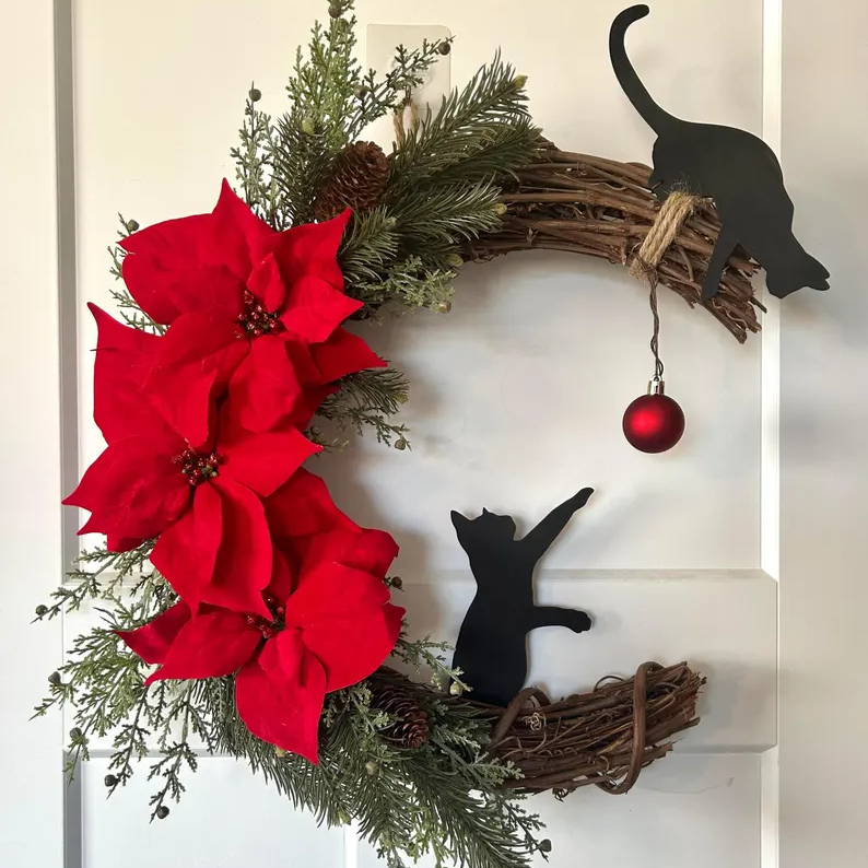 Black Cat Moon Wreath with Light Home Decor Christmas Wreath