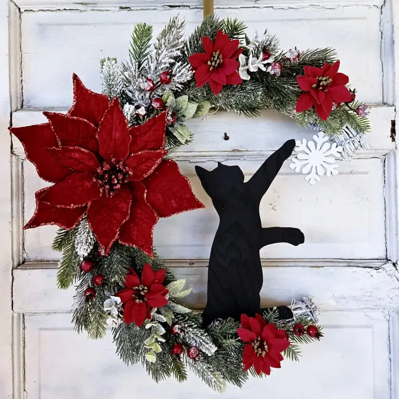 Black Cat Moon Wreath with Light Home Decor Christmas Wreath